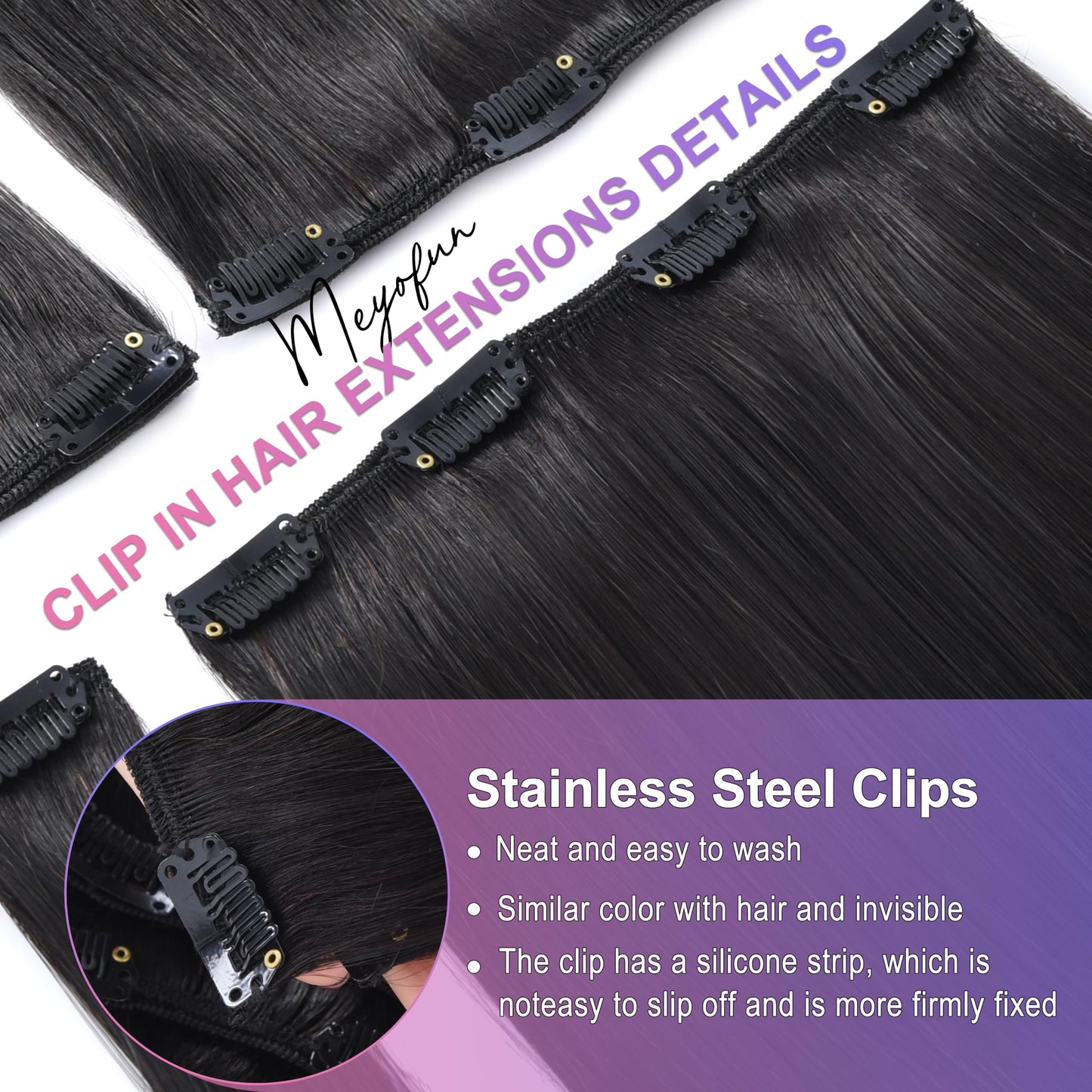 MEYOFUN Dark Brown Clip in Hair Extensions, 14 Inch 75g, 2 Dark Brown Hair Extensions Real Human Hair, Invisible Seamless Remy Human Hair Clip Extensions for Women 8pcs Per Set with Double Weft