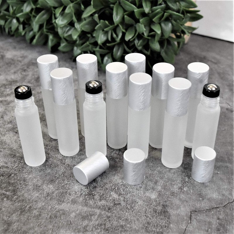 12-Pack Frosted Clear Glass Roller Bottles with Brushed Silver Leakproof Caps – Premium Quality Empty Roll-On Bottles for Essential Oils, Perfumes, Serums, DIY Aromatherapy & Beauty Products