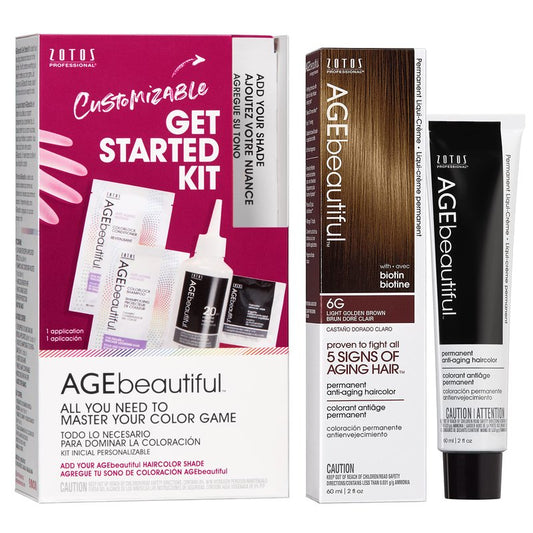 AGE beautiful Permanent Hair Color Dye Liqui Creme & Developer Starter Kit | 100% Gray Coverage | Anti-Aging | Biotin for Thicker, Fuller, Healthier Hair | 6G Light Golden Brown