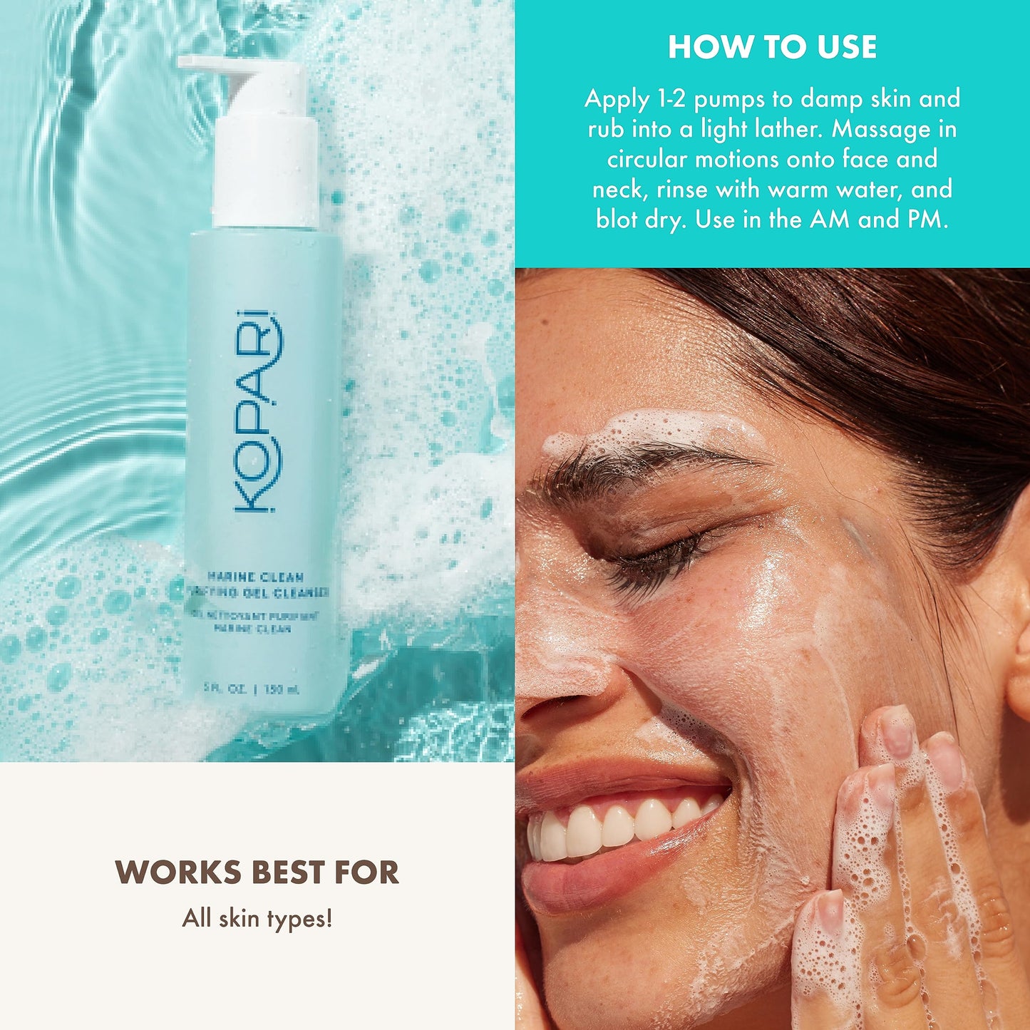 Kopari Marine Clean Purifying Gel Cleanser, Infused with Amino Acids & Vitamin B5, Dual-Action Gel-to-Foam Cleanser, Gentle and Nourishing, 5 oz | New Look, Same Formula, Product Packaging May Vary