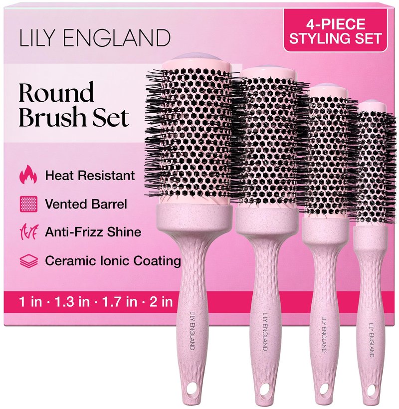 Lily England Round Blow Dry Brush Set for Women - Perfect for Voluminous Blowouts - Ceramic Ionic Technology - Luxury Gift for Her (Pink)