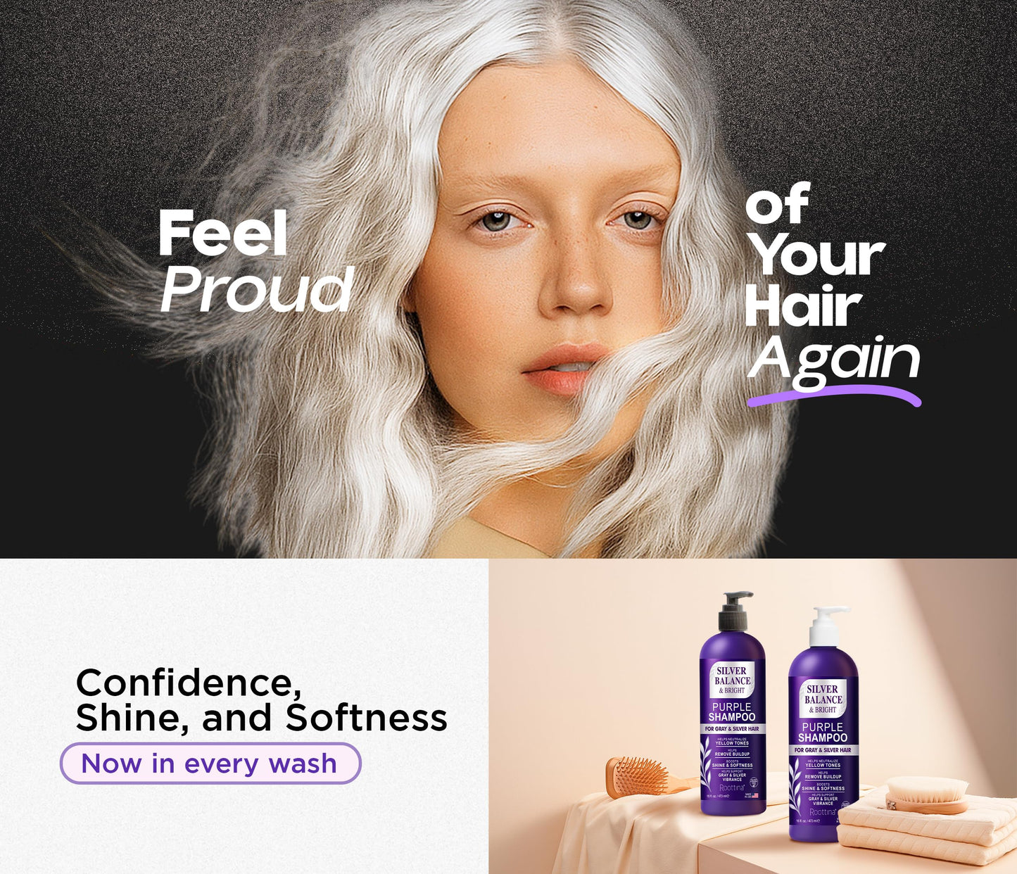 ROOTTINA Sulfate Free Brass Toning Purple Shampoo and Conditioner Set for Grey and Silver Hair, Moisturizing & Color-Safe, Enhances Shine & Brightness, Made in USA, (16 fl oz each)
