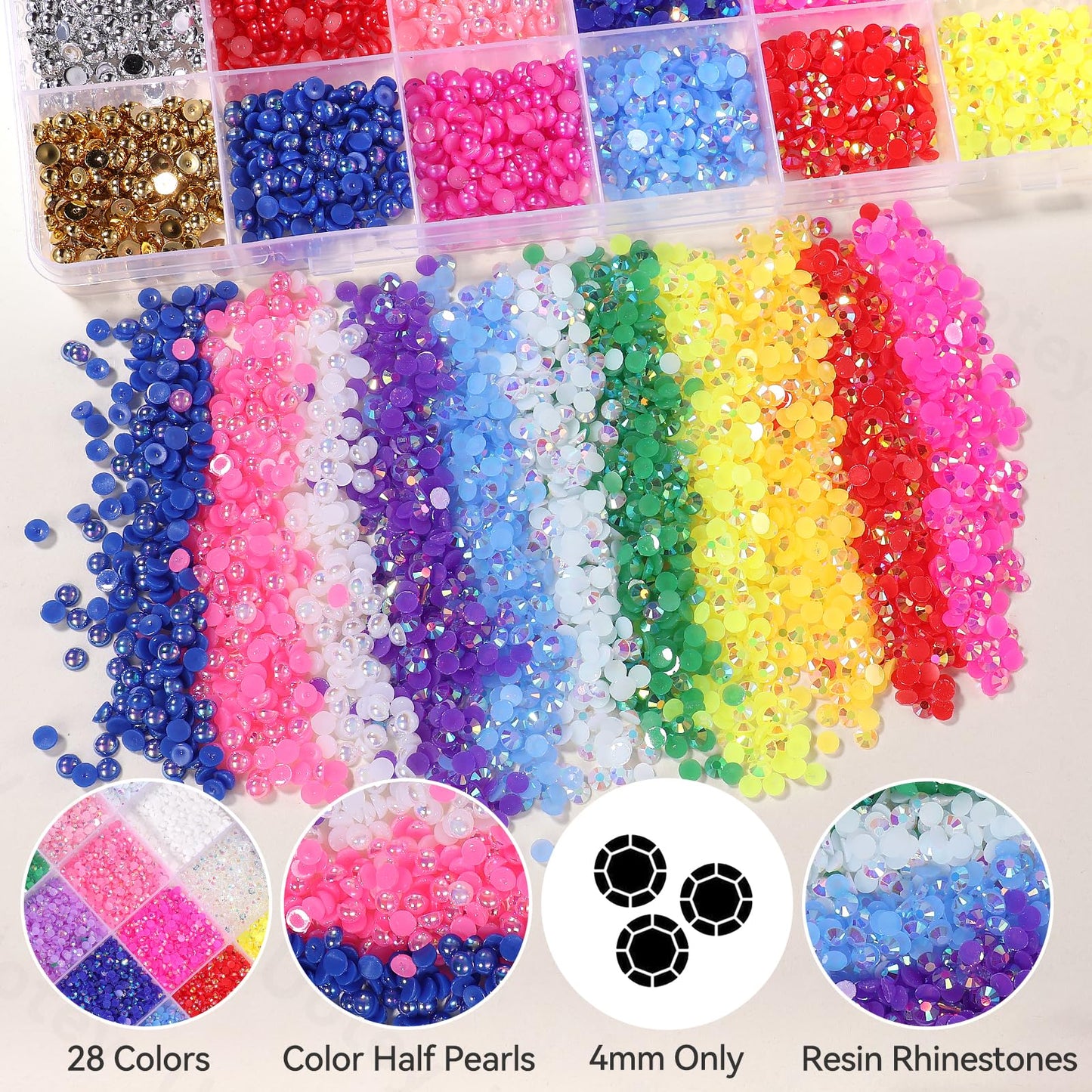 13000 Pcs 28 Color Flatback Pearls and Rhinestones for Crafting, 4mm Resin Jelly Rhinestones, Half Pearl Bedazzling Gems Diamond for Nails Eyes Face Makeup Tumblers DIY Crafts Shoes