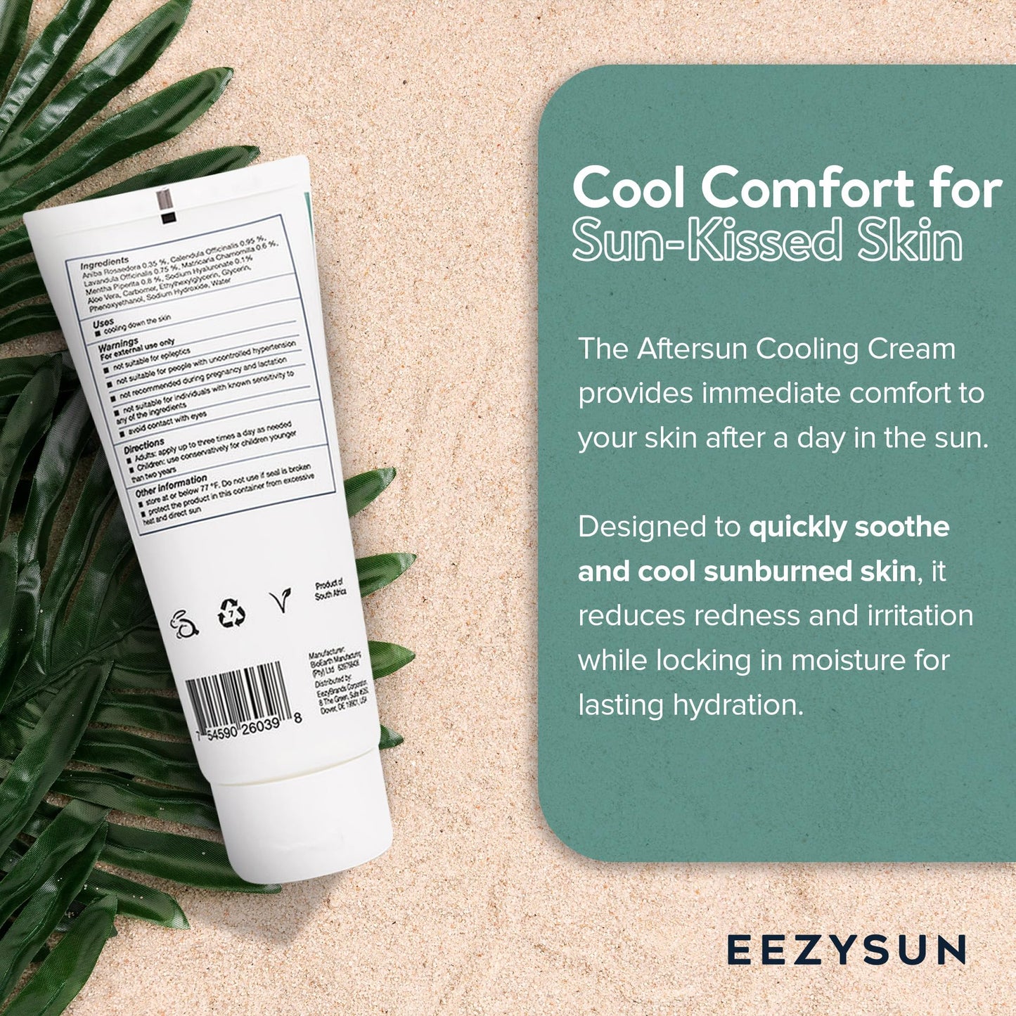 EEZYSUN AfterSun Cooling Cream - Vegan After Sun Lotion with Aloe Vera, Tea Tree Oil, Chamomile - Soothes, Hydrates Sunburn - Outdoor, Vacation, Beach Essentials, After Sun Skin Care - 3.3 fl oz