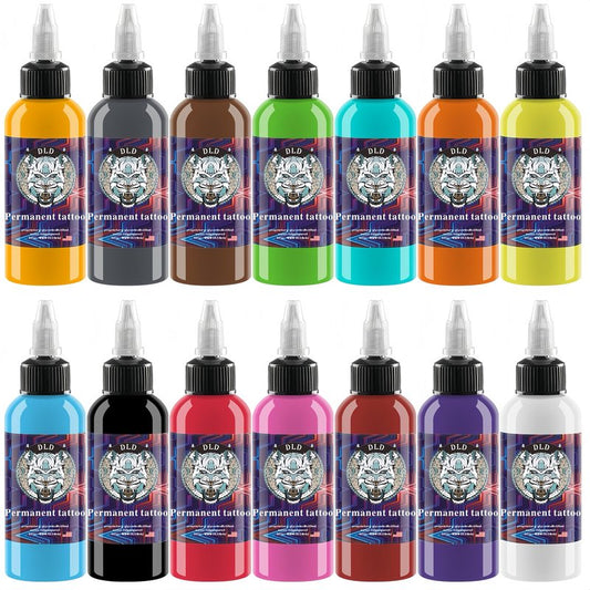 BAODELI 14 Colors 1oz Tattoo Ink Set - Premium Quality for Professional Artists - Organic Vegan Inks - Bold Bright Colors - Lining Black Included - Ideal for Tattoo Enthusiasts