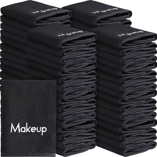 Chumia 18 Pcs Makeup Remover Cloths 13 x 13 Inch Makeup Towel Face Washcloths with Embroidery Black Reusable Washcloths Soft Cleansing Face Towel for Women