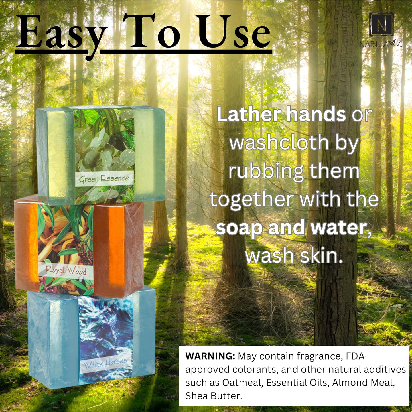 Nabila K Elements Glycerin Bar Soap Set of 3 | Green Essence, Royal Wood & White Horses | Natural, Vegan, Hypoallergenic | 100% Vegetable Glycerin, Sulfate-Free | 4.5 oz Each