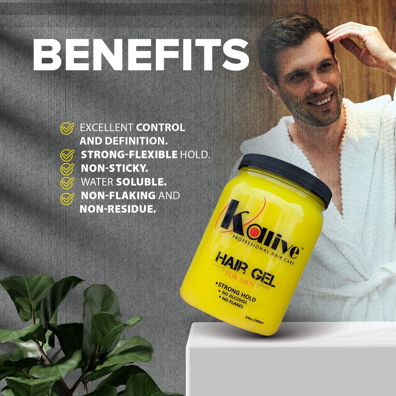 KALIVE Men's Hair Styling Gel 64 oz, Strong-Hold and Light Shine all day, Mens Hair Product fresh scent No Flaking or Alcohol