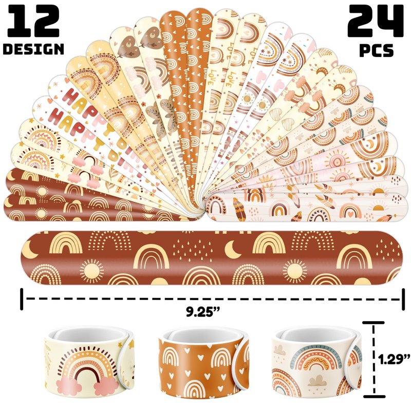 48PCS Boho Rainbow Party Set - 24PCS Temporary Tattoos & 24PCS Slap Bracelets - Fun Birthday Supplies, Baby Shower Gifts, Classroom Rewards & Boho-Themed Decor for Kids (Boys & Girls)