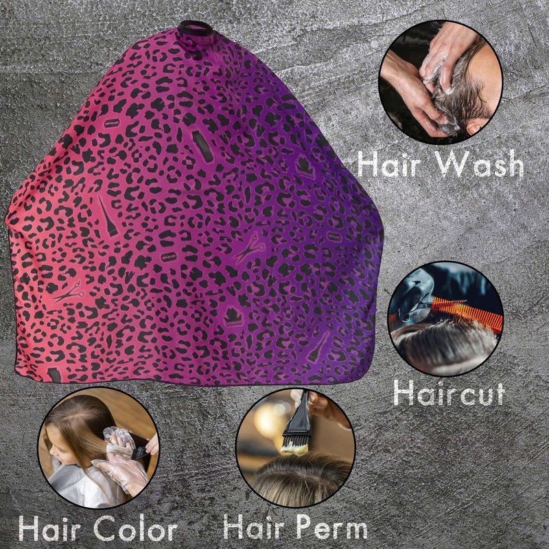King Midas Barber Hair Cutting Cape for Men & Women - Adjustable Neck Hair Cape for Haircuts with Snap Button, Hairstylist Essentials - Leopard – Purple & Pink