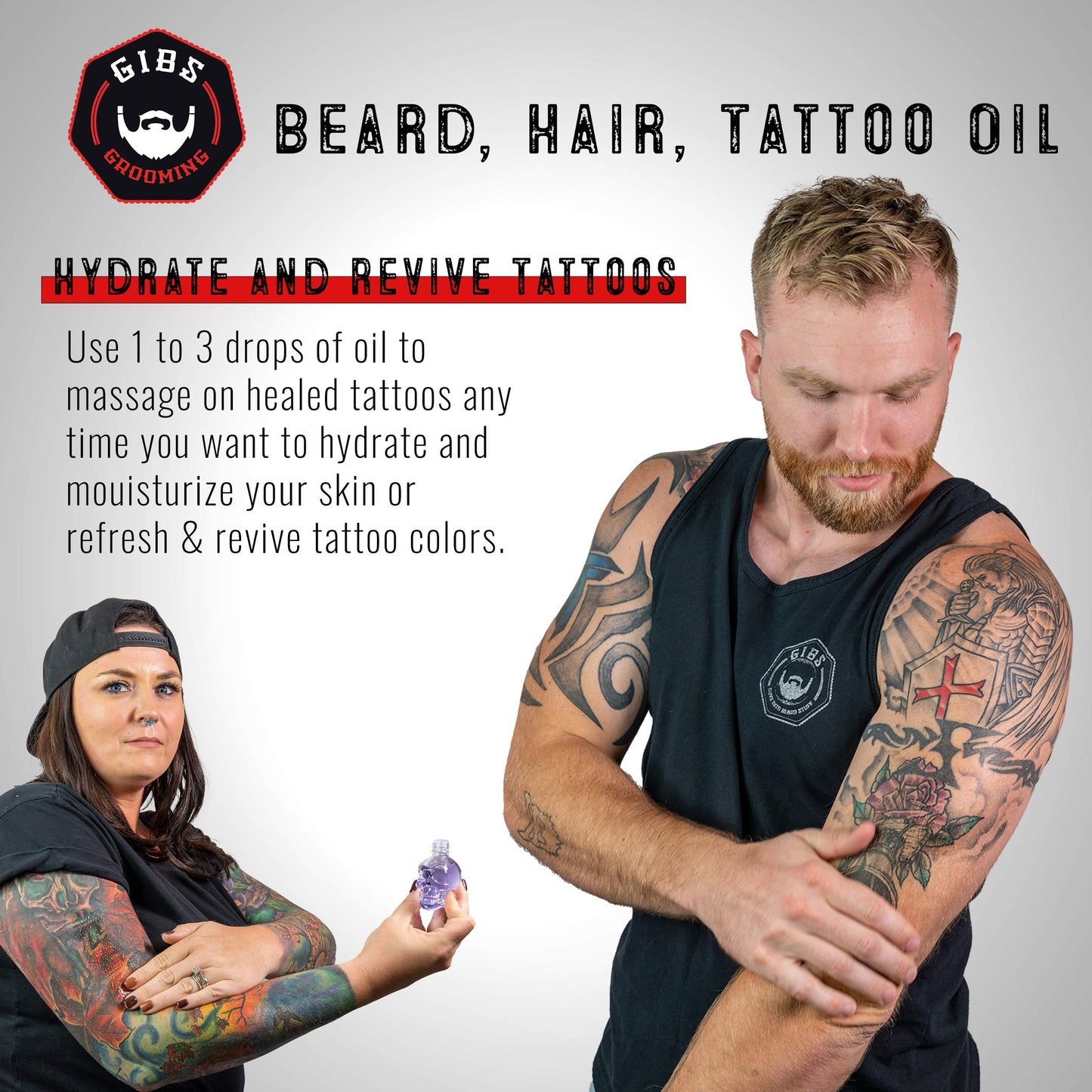 GIBS Grooming - Alpha Male Beard, Hair & Tattoo Oil (1 fl oz) Collectible Glass Skull Bottle - Softens & Strengthens - Skin Moisturizer - Vitamin C - UV Shield - Travel Size - Beard Oil - Made in USA