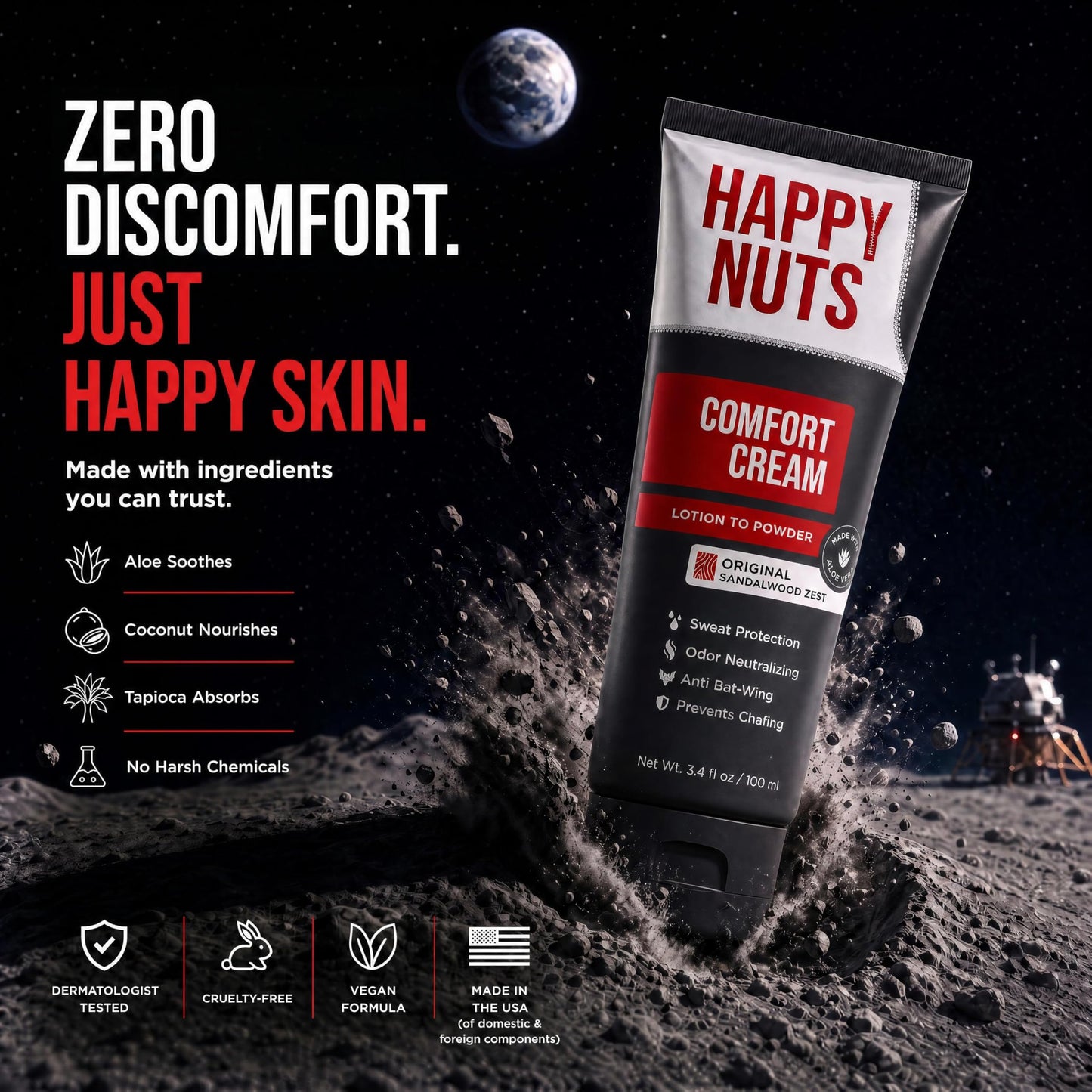 HAPPY NUTS Comfort Cream Deodorant For Men: Anti-Chafing Sweat Defense, Odor Control, Aluminum-Free Mens Deodorant & Hygiene Products for Men's Private Parts 3.4 Fl Oz (2 Pack), Original Scent