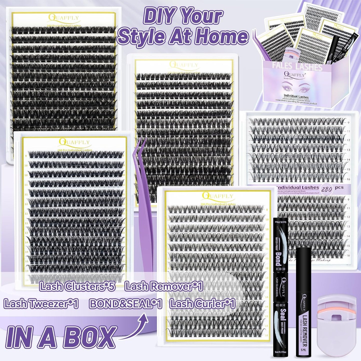 False Eyelashes Kit - 5-Pack with Glue, Tweezers & Curler | Reusable for Natural or Dramatic Looks