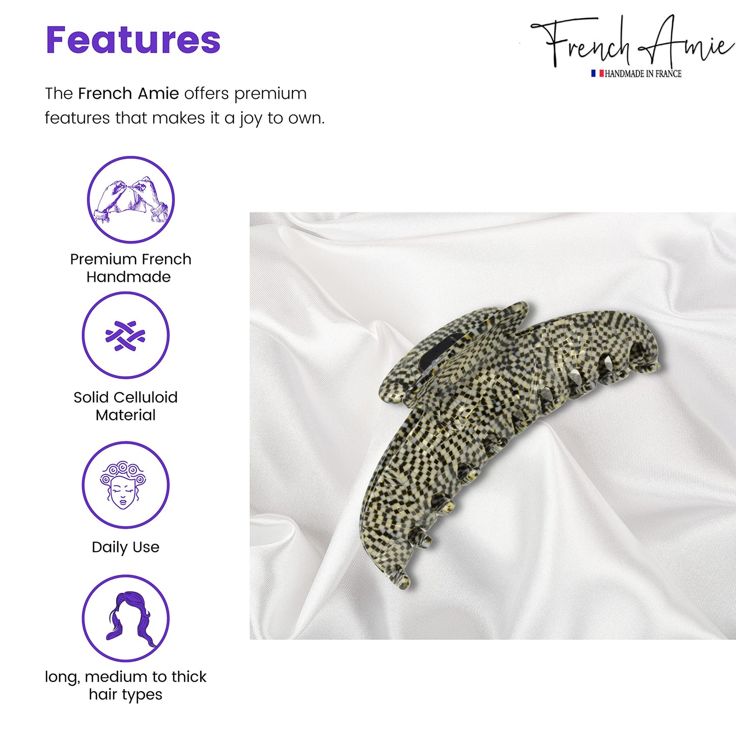 French Amie Contour Opera Large 4 ¾” Handmade Cellulose Jaw Hair Claw Clips for Thick Hair Women Hair Accessories