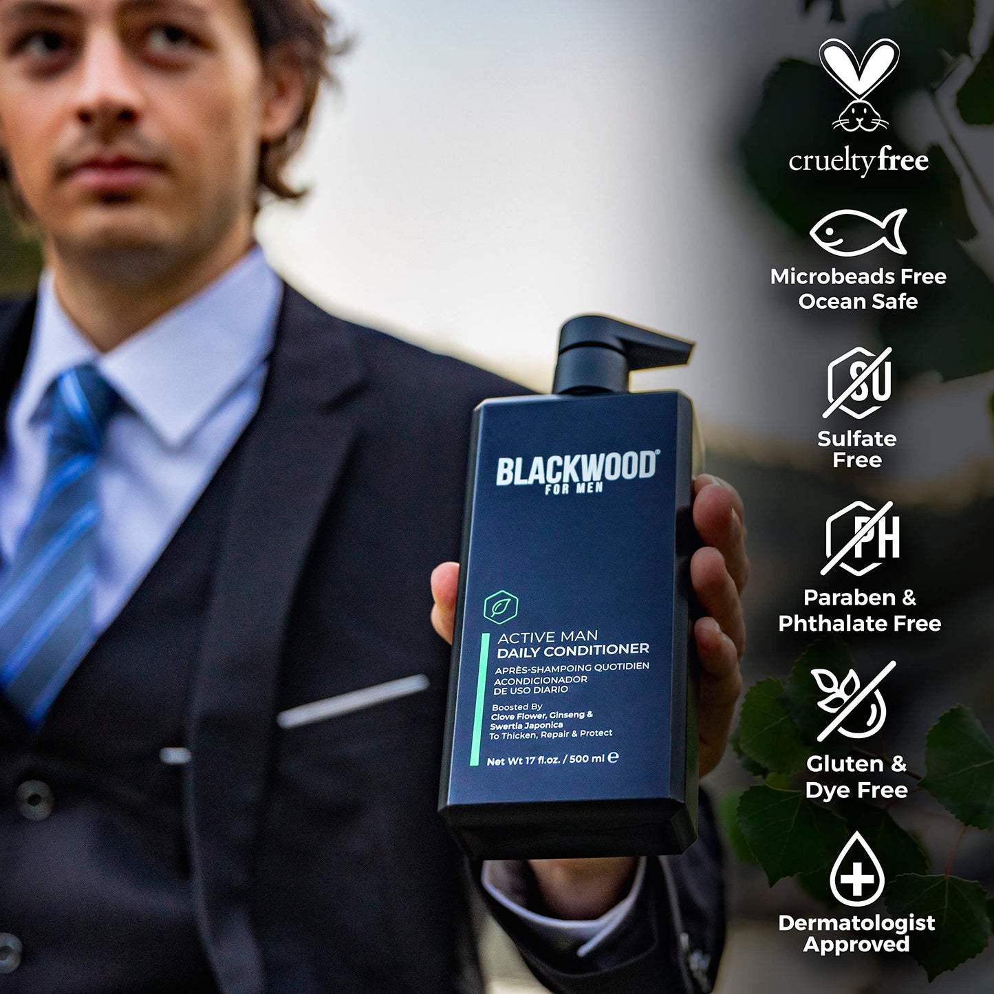 BLACKWOOD FOR MEN Active Man Daily Conditioner (17oz) and Pure Moisture Body Wash (17oz) Bundle - Natural Vegan Formula - Sulfate Free, Paraben Free, & Cruelty Free