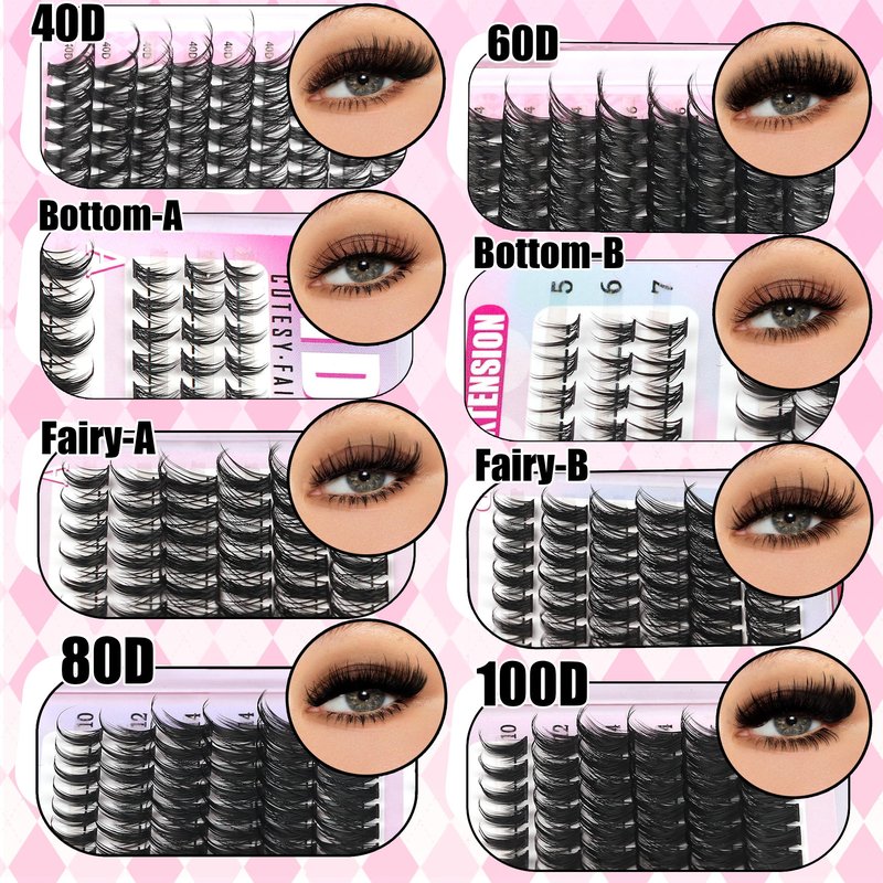 YIDUO Manga Lash Clusters Kit 40D+60D+80D+100 Fairy Spikes+Bottom Clusters Lashes Extensions Kit with 2X Bond and Seal 1094 Pcs 8-18mm Wispy Individual Eyelash Cluster Kit DIY at Home Easily