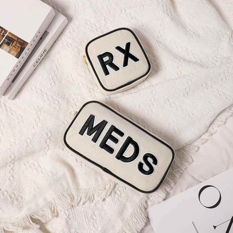 RSRSLEII 2Pcs Small Canvas Rx MEDS Medicine Packages, Cute Chenille Letter Patch Drug Makeup Bag with Metal Zipper, Mini Travel First Aid Purse Organizer Machine Washable (05RX and MEDS)