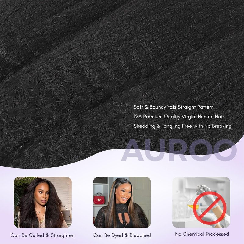 AUROO 2x6 Kim K Lace Closure Only Yaki Straight Human Hair, 12A 100% Virgin Light Yaki Straight Long Deep Parting 2 by 6 HD Lace Closure Pre Plucked 180% Density Kinkystraight Natural Black Remy 14 In