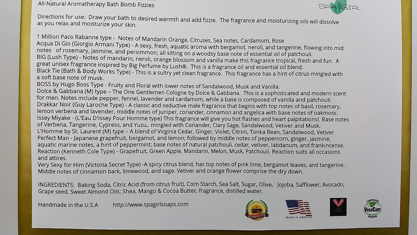 Designer Bath Bombs for Men - Natural & Organic | 12 Elegant Scents in 2.5 oz Size