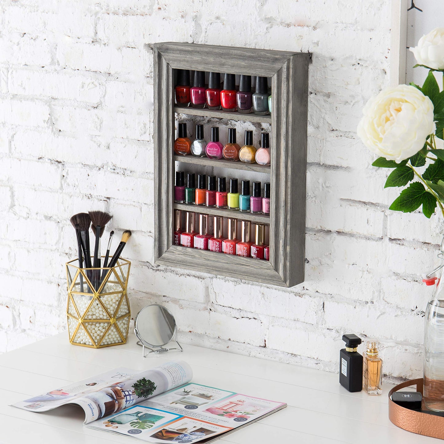 MyGift Vintage Gray Wood Wall Mounted Nail Polish Holder Display Rack with 4 Tier Shelf, Essential Oil Bottle Organizer