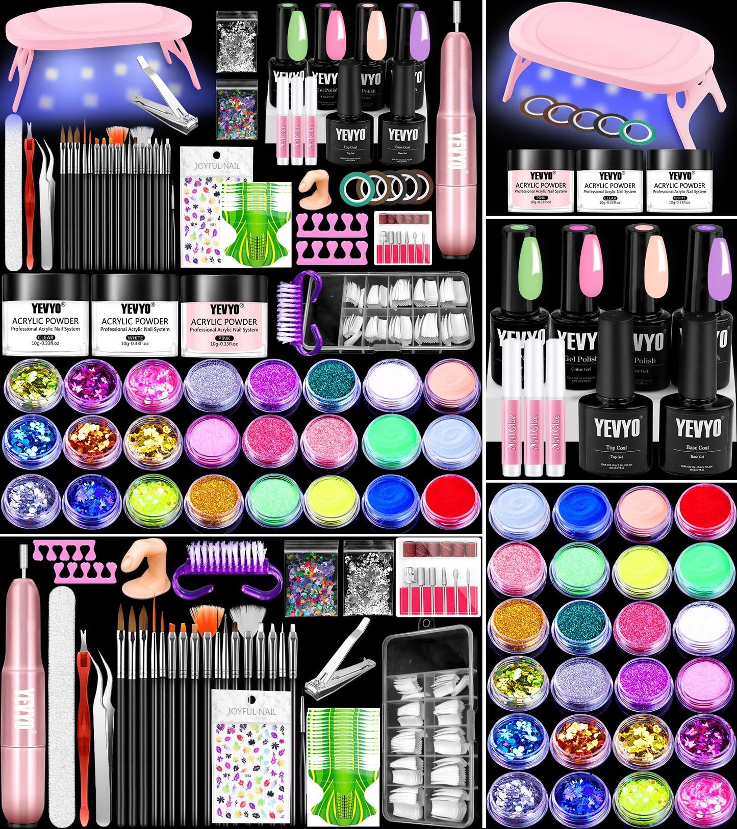 Yevyo Acrylic Nail Kit with Drill, 4 Colors Gel Polish and UV Light, 24 Colors Glitter Acrylic Powder and Brush Set for Beginners
