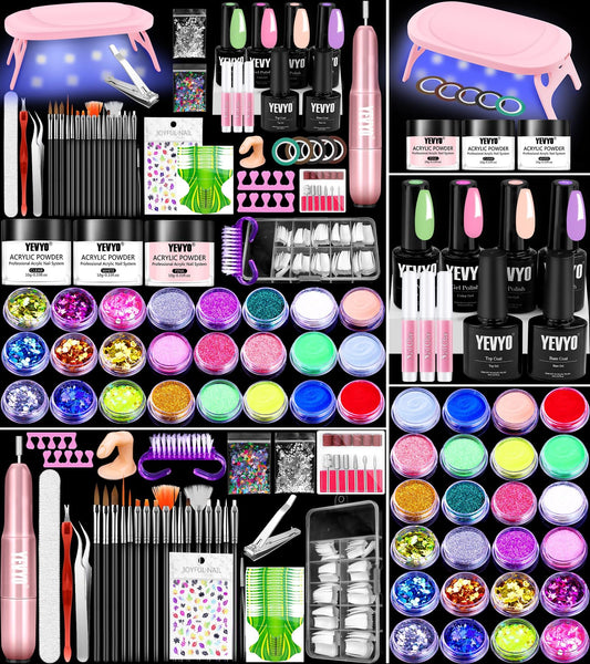 Yevyo Acrylic Nail Kit with Drill, 4 Colors Gel Polish and UV Light, 24 Colors Glitter Acrylic Powder and Brush Set for Beginners