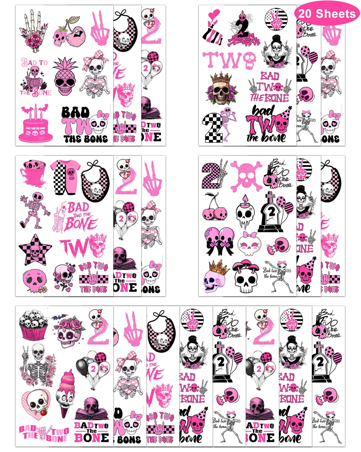 192 Pieces Bad Two The Bone Black and Pink Temporary Tattoos Stickers,20 Sheets 2nd Birthday Skeleton Themed Tattoos Stickers Party Decoration Supplies Party favors