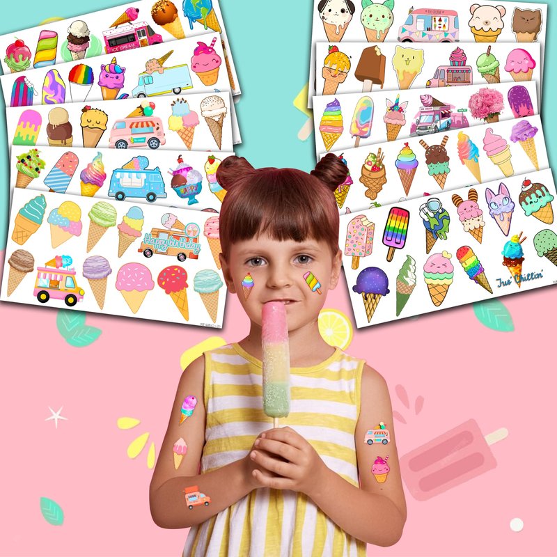 Ice Cream Temporary Tattoos for Kids - 10 Sheets (100 PCS) Sweet Treat Theme Fake Tattoos, Waterproof Stickers for Birthday Party Favors, Carnival Prizes, Goodie Bag Stuffers for Boys & Girls