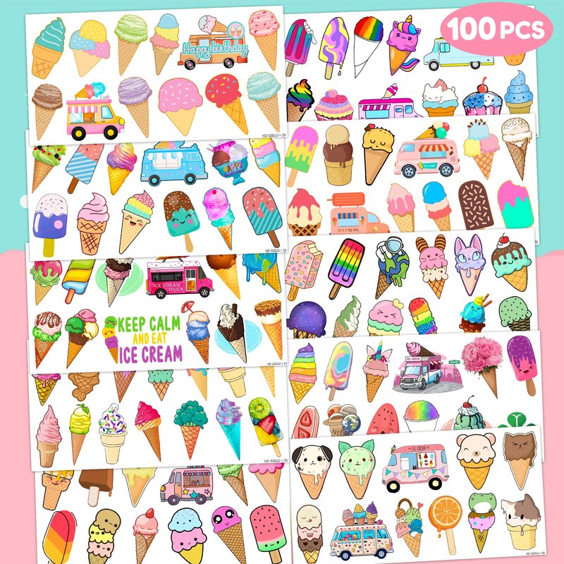 Ice Cream Temporary Tattoos for Kids - 10 Sheets (100 PCS) Sweet Treat Theme Fake Tattoos, Waterproof Stickers for Birthday Party Favors, Carnival Prizes, Goodie Bag Stuffers for Boys & Girls