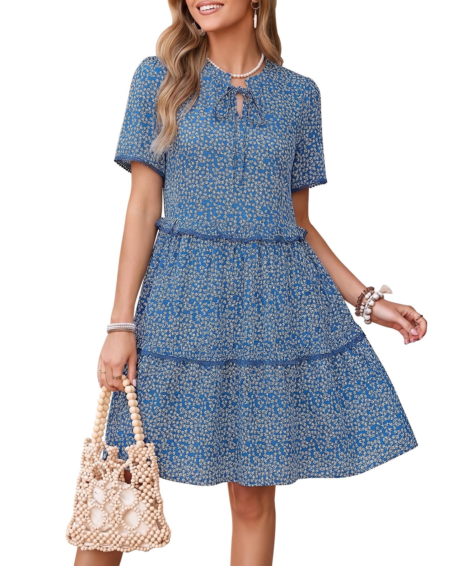 GRAPENT Floral Dresses for Women Summer Casual Boho Babydoll Tiered Ruffle Lace Trim Beach Vacation Short Sleeve Dress