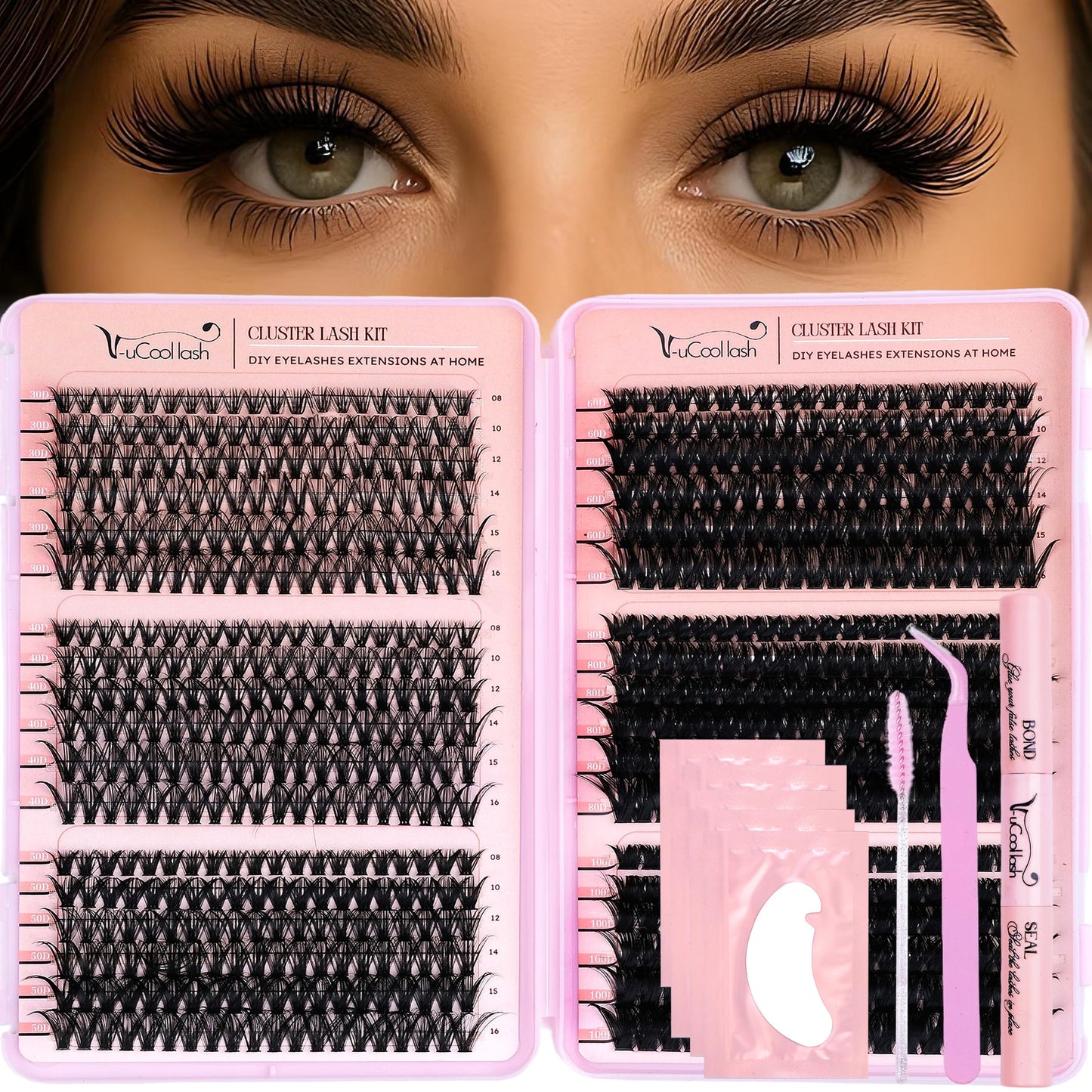 V-uCool 708 Pcs DIY Lash Clusters Kit, D Curl 30D–100D 8–16mm Mix, Fluffy Wispy Cluster Lashes with Bond & Seal, Tweezer, 5 Pads & Brush