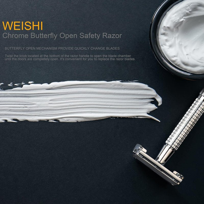 **WEISHI Butterfly Double Edge Safety Razor - Chrome Short Handle with 5 Stainless Blades for a Smooth Wet Shave**