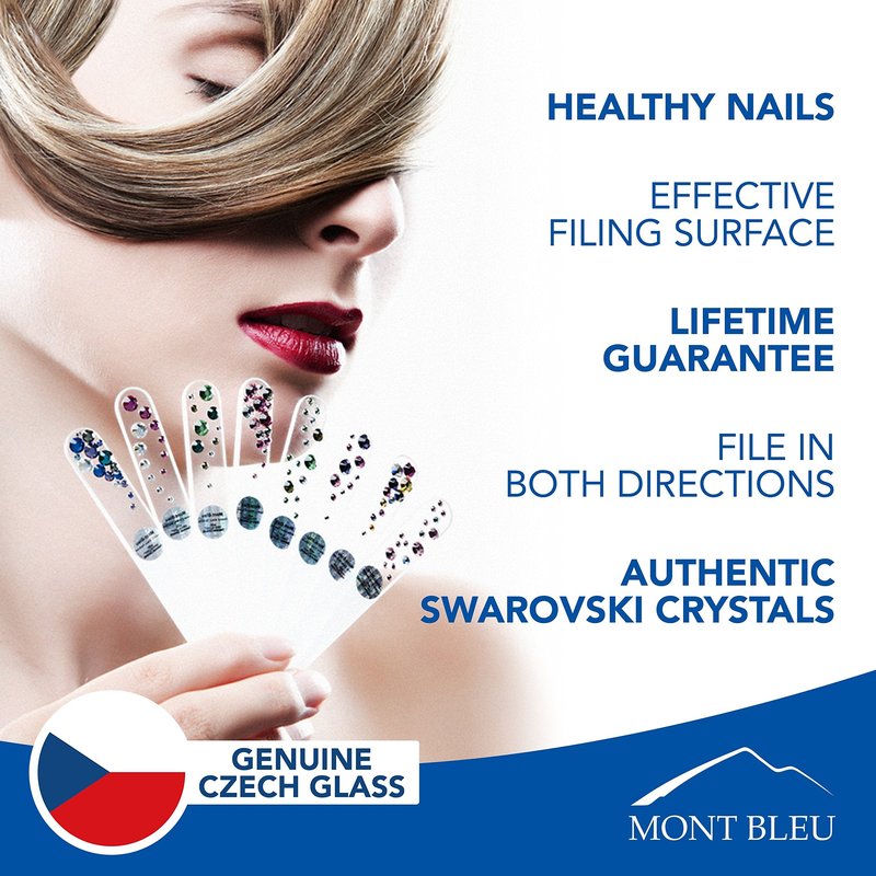 Mont Bleu Gift Set of 5 + 1 Free Glass Nail Files Hand Decorated with Crystals - Gifts for Friends - Czech Tempered Glass - Excellent Nail Filing Tools - Gifts - Crystal Nail File