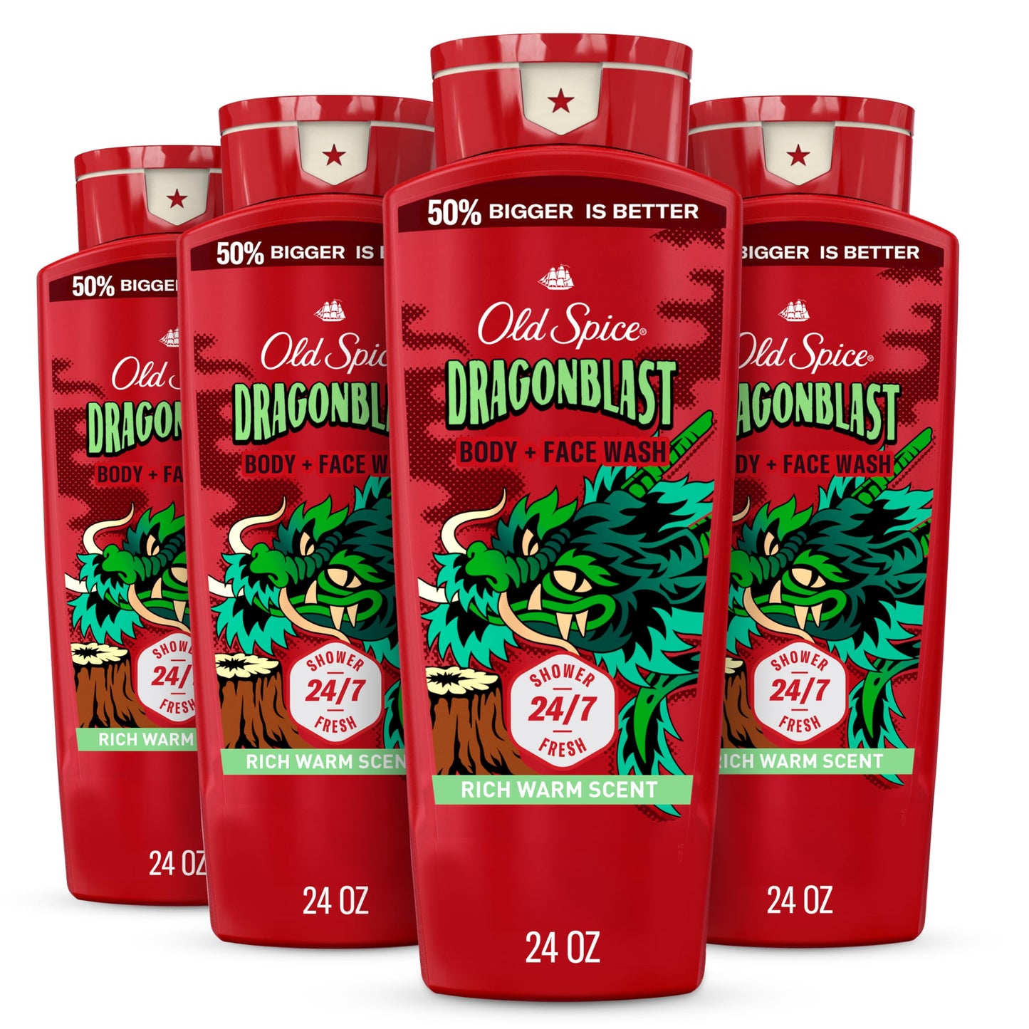Old Spice Cleansing Body Wash for Men, 3X Defense, 24/7 Shower Fresh with Lasting Scent, 2-in-1 Body & Face Wash, Dragonblast Scent, 24 oz (Pack of 4)