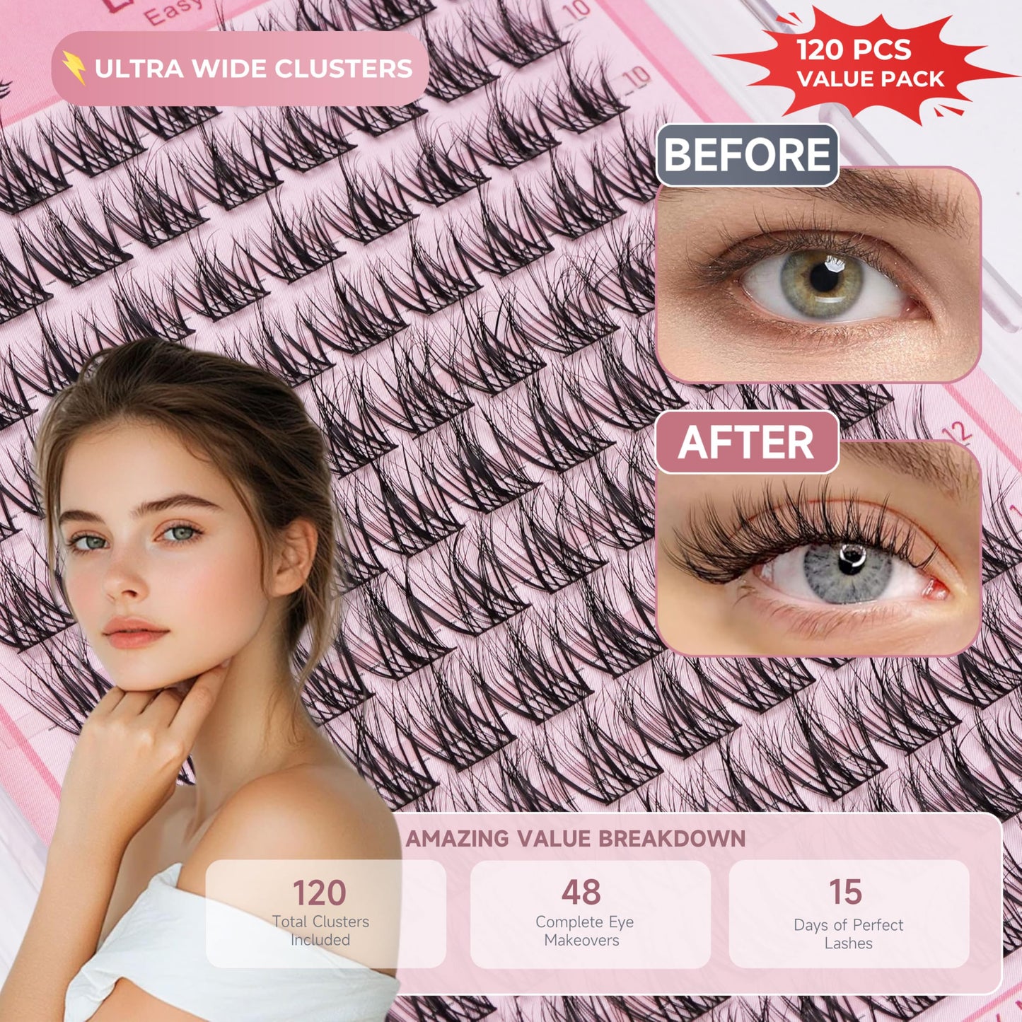 Dorisue Beautiful Cluster Lashes Kit for Beginners - 120PCS 5D Volume with 0.05mm Invisible Band, 3-Step Easy Application System with precision Tweezers and Mini Glue, Sleep Safe Waterproof