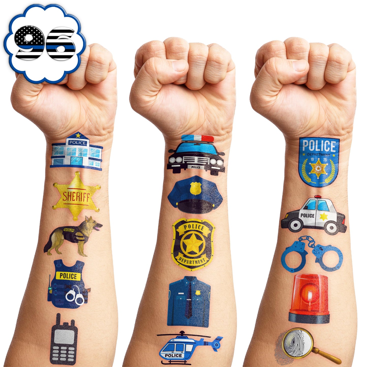 96 PCS Police Officer Temporary Tattoos for Kids - 8 Sheets Cute Cop