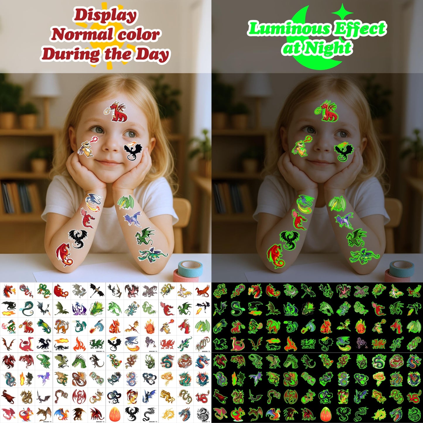 96PCS Dragon Pre-Cut Temporary Tattoos Birthday Party Supplies Favors Decorations Knight Dragon Super Cute Fake for Kids Boys Girls School Classroom Rewards Gifts Ideal Halloween (Glow in the Dark)
