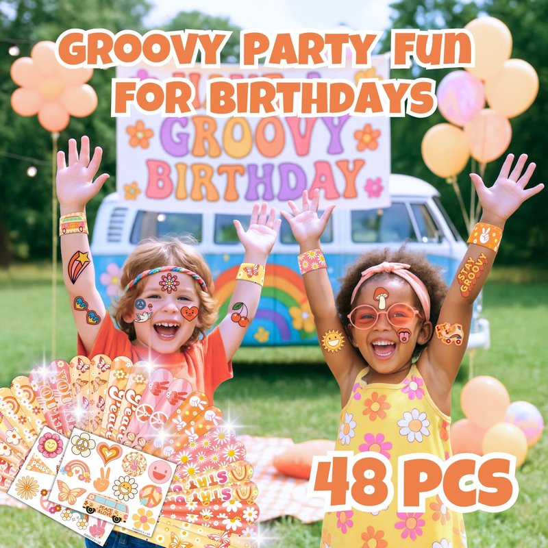 Cherisnowy 48PCS Groovy Party Set - 24PCS Temporary Tattoos & 24PCS Slap Bracelets - 70s Retro Birthday Supplies, Baby Shower Gifts, Classroom Rewards & Party Decor for Kids (Boys & Girls)