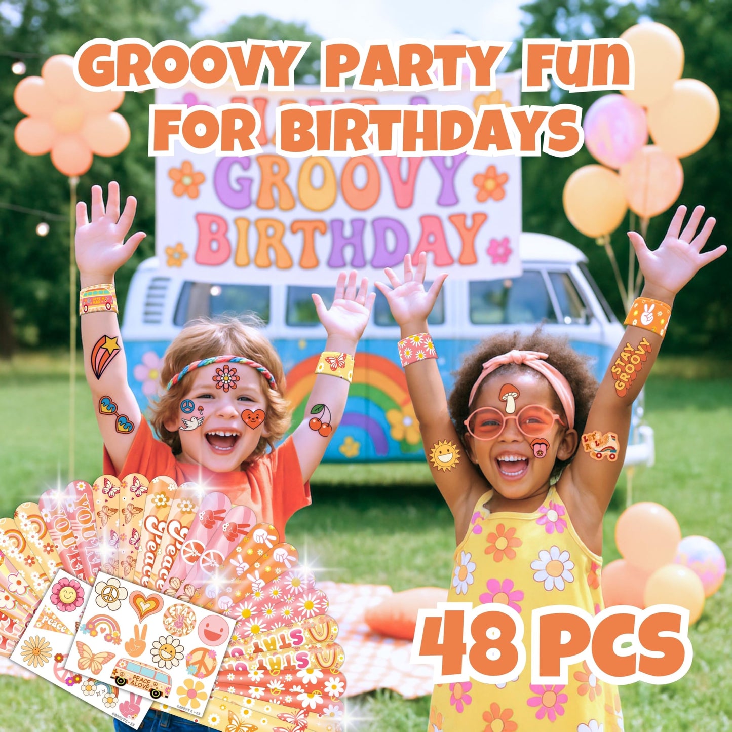 Cherisnowy 48PCS Groovy Party Set - 24PCS Temporary Tattoos & 24PCS Slap Bracelets - 70s Retro Birthday Supplies, Baby Shower Gifts, Classroom Rewards & Party Decor for Kids (Boys & Girls)