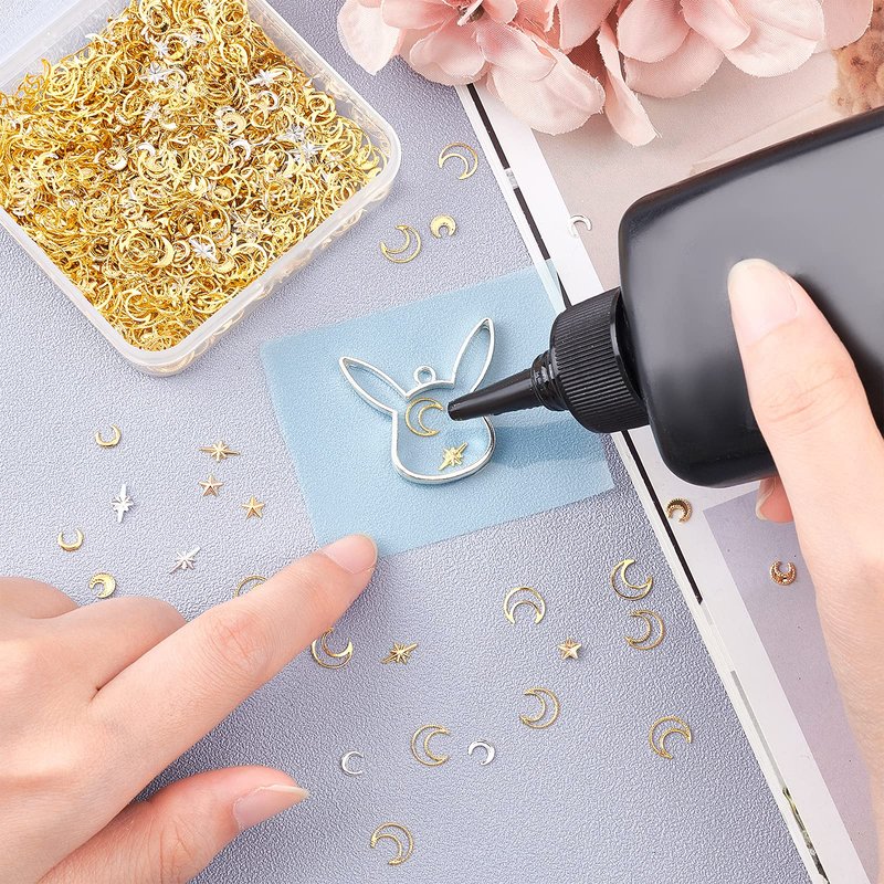 OLYCRAFT 1800Pcs Star Moon Resin Fillers Cosmos Theme Brass Charms Cabochons Hollow Moon Epoxy Resin Accessories Alloy Epoxy Resins Supplies Nail Art Decoration - Golden & Sliver