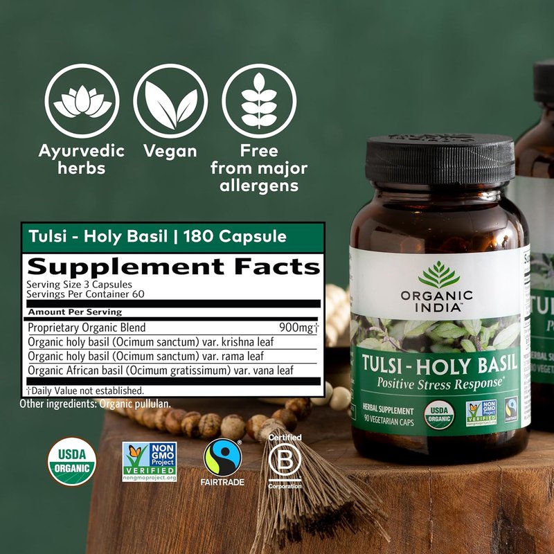 Tulsi Herbal Supplement - Organic Holy Basil for Immune Support | Vegan, Gluten-Free, 180 Capsules