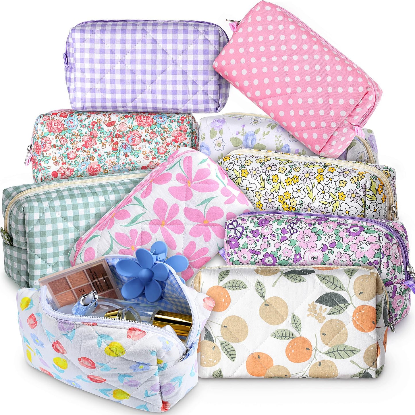 Paterr 10 Pcs Quilted Makeup Bag Bulk Cotton Floral Cosmetic Bag Women Girls Bridesmaid Gifts Cute Makeup Pouch Coquette Aesthetic Travel Toiletry Organizer(Gingham Floral,7.87 x 4.72 x 3.15 Inches)