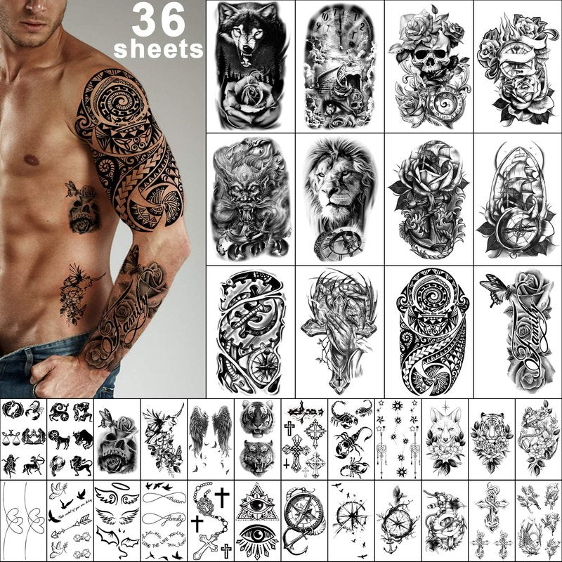 Temporary Tattoos - 36 Sheets of Stylish Body Art for Men & Women | Includes 12 Sheets of Arm & Chest Designs