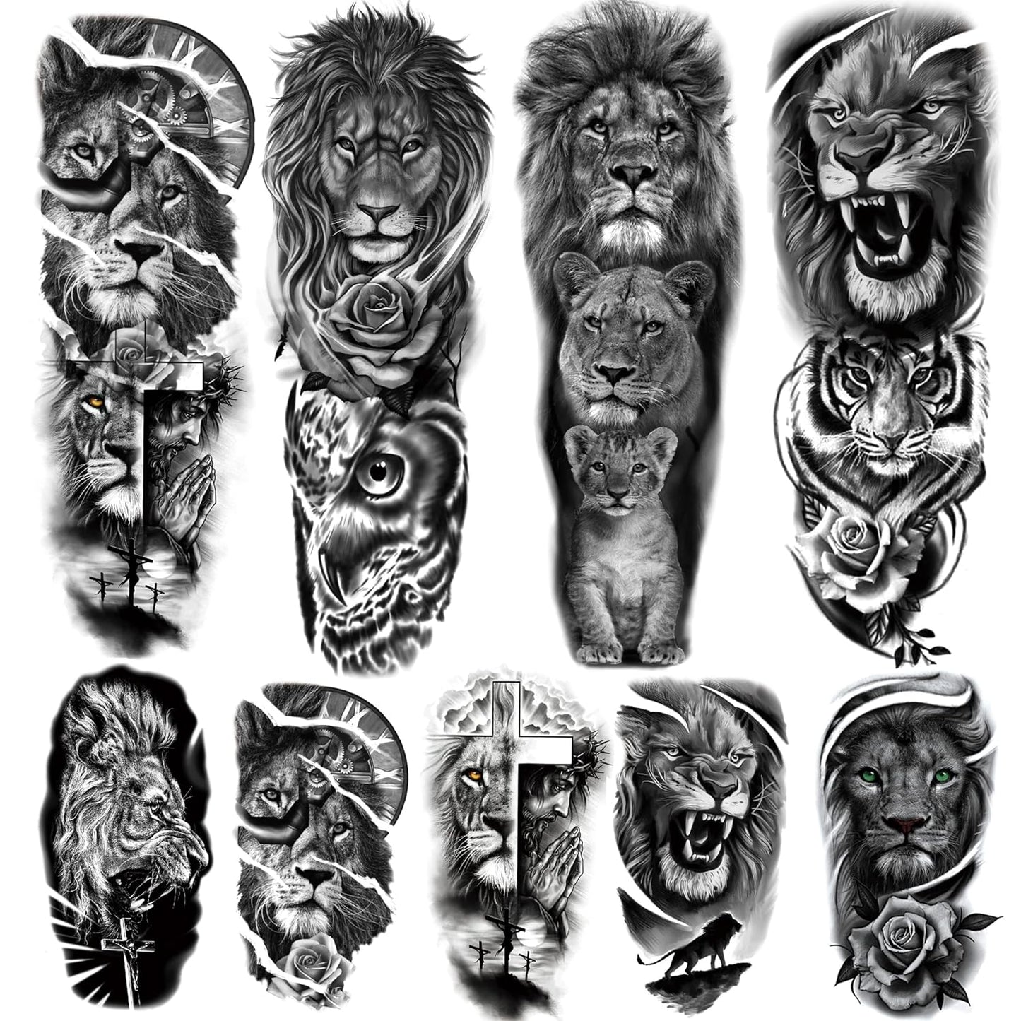 Lion Tattoo Stickers - 4-Sheet Full Sleeve & 5-Sheet Half Arm Temporary Tattoos for Adults & Kids | Bold Designs