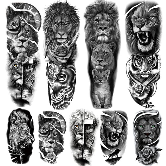 Lion Tattoo Stickers - 4-Sheet Full Sleeve & 5-Sheet Half Arm Temporary Tattoos for Adults & Kids | Bold Designs
