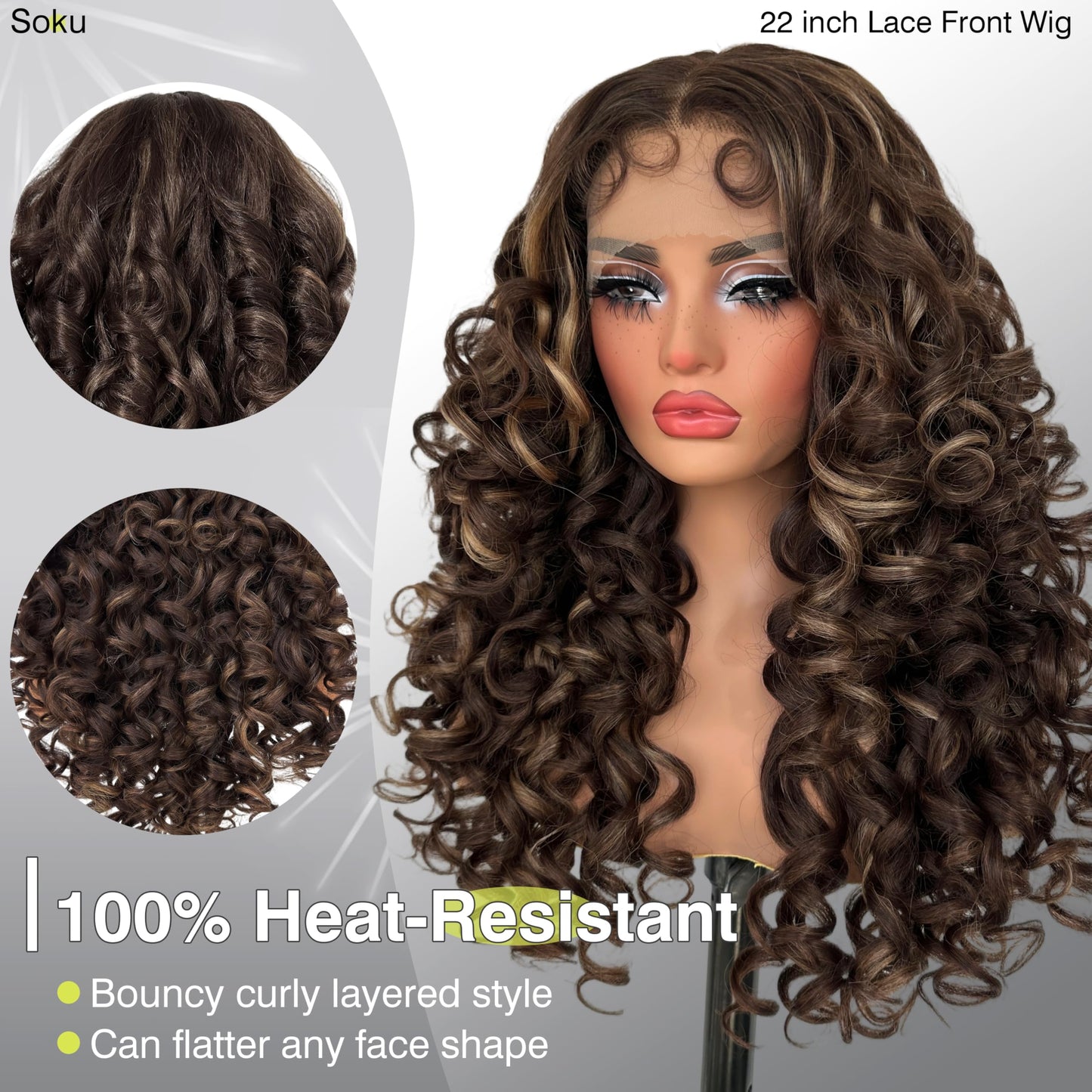 SOKU Long Curly Lace Front Wig for Black Women Highlight 13x4x1 Synthetic Lace Front Wigs Glueless Pre-Plucked Hairline with Baby Hair 22 Inch Heat Resistant (Highlight Brown)