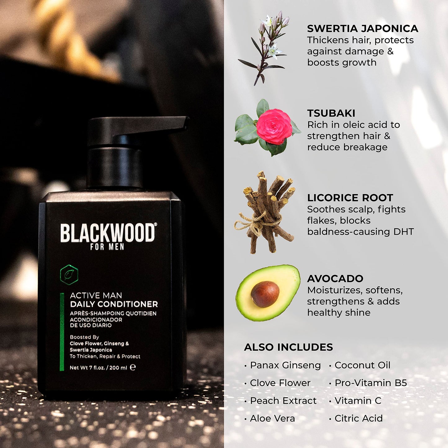 Blackwood For Men Active Man Daily Hair Conditioner for Men, Thickening Conditioner, Deep Nourishing Treatment for Shine, Hair Loss & Dandruff - Natural Vegan Formula Sulfate-Free, Paraben-Free