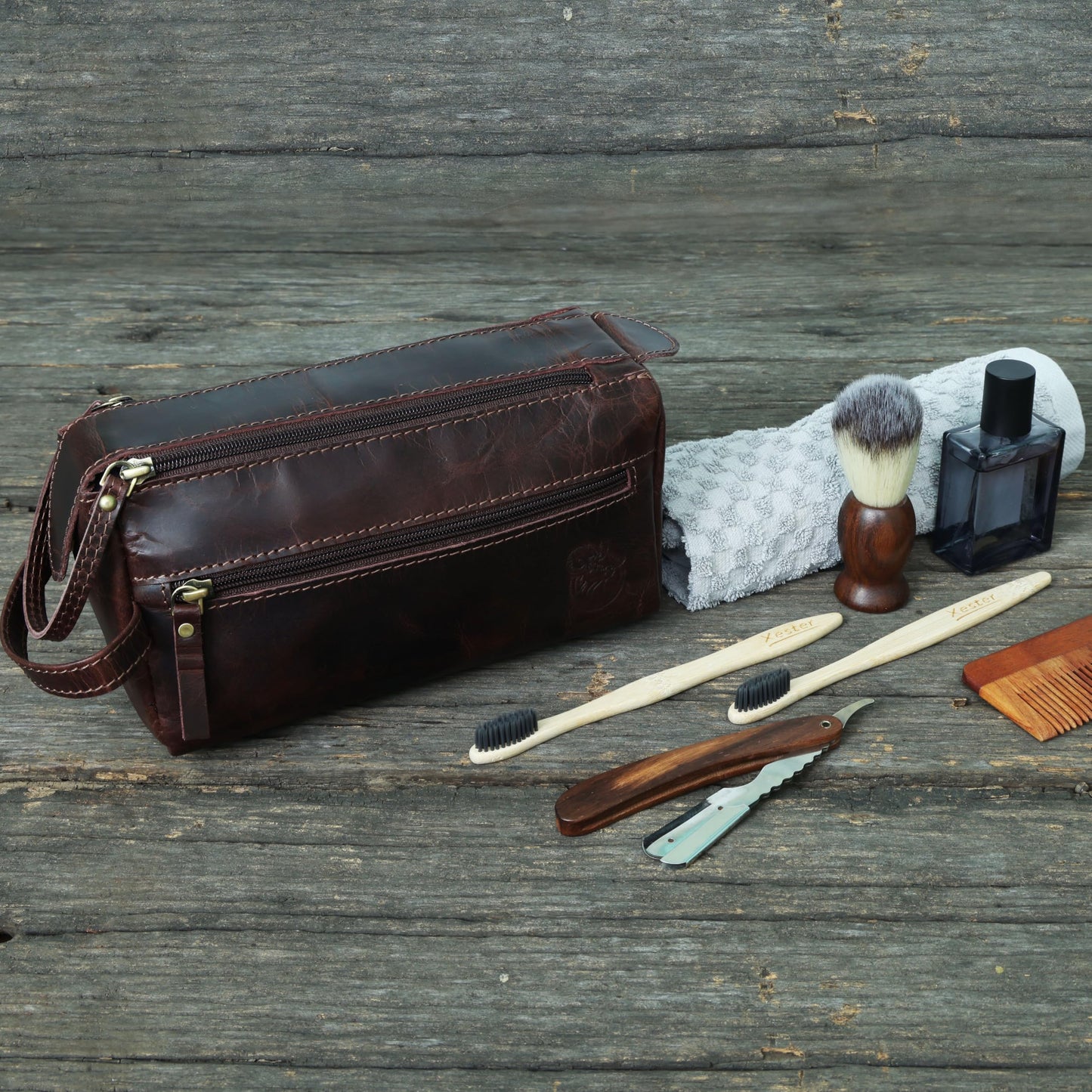 leather castle Toiletry Bag | Leather Dopp Kit for Men & Women – Water-Resistant, Durable & Stylish – Travel Organizer with Multiple Compartments | Grooming Essentials, Shaving & Makeup Pouch (Brown)