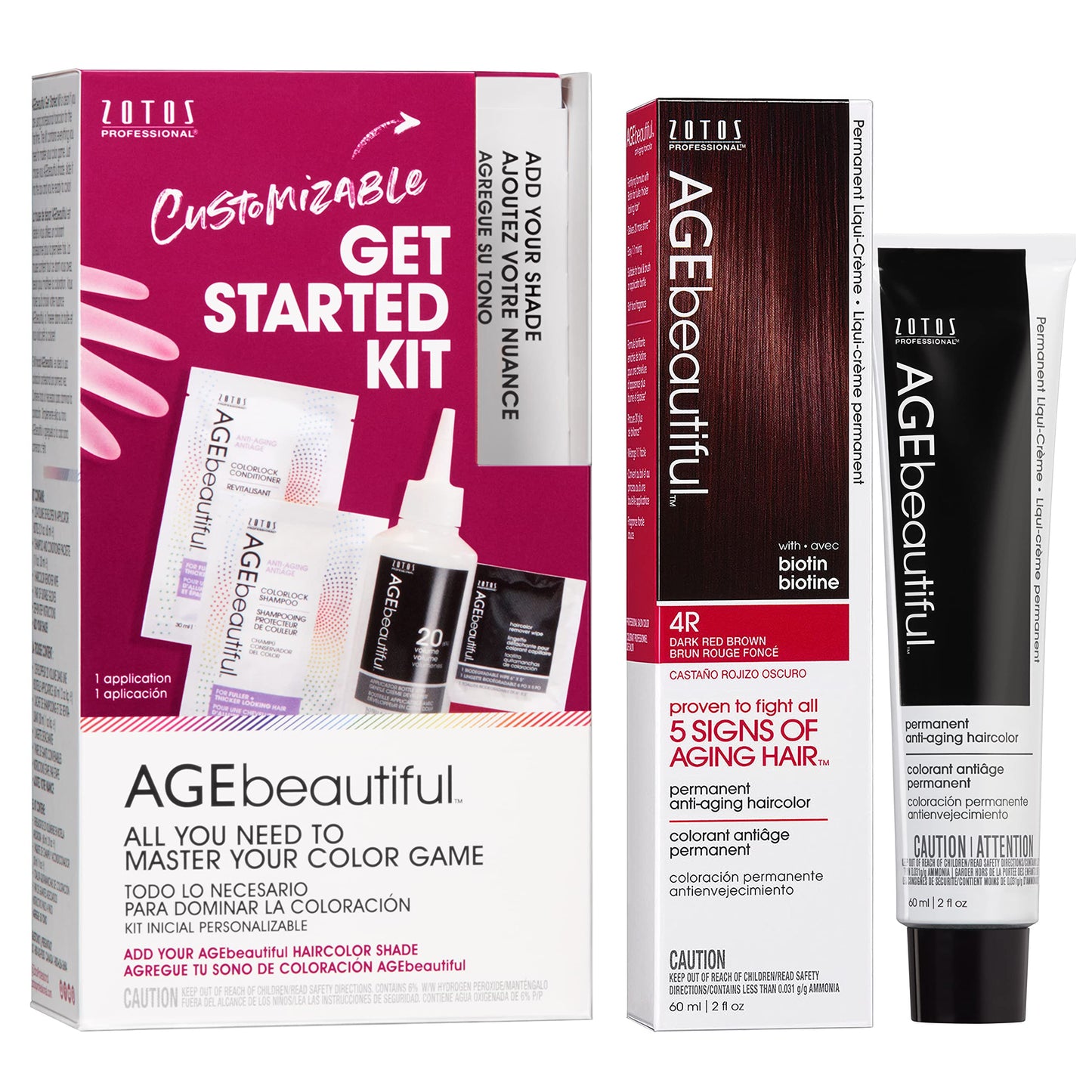 AGE beautiful Permanent Hair Color Dye Liqui Creme & Developer Starter Kit | 100% Gray Coverage | Anti-Aging | Biotin for Thicker, Fuller, Healthier Hair | 4R Dark Red Brown