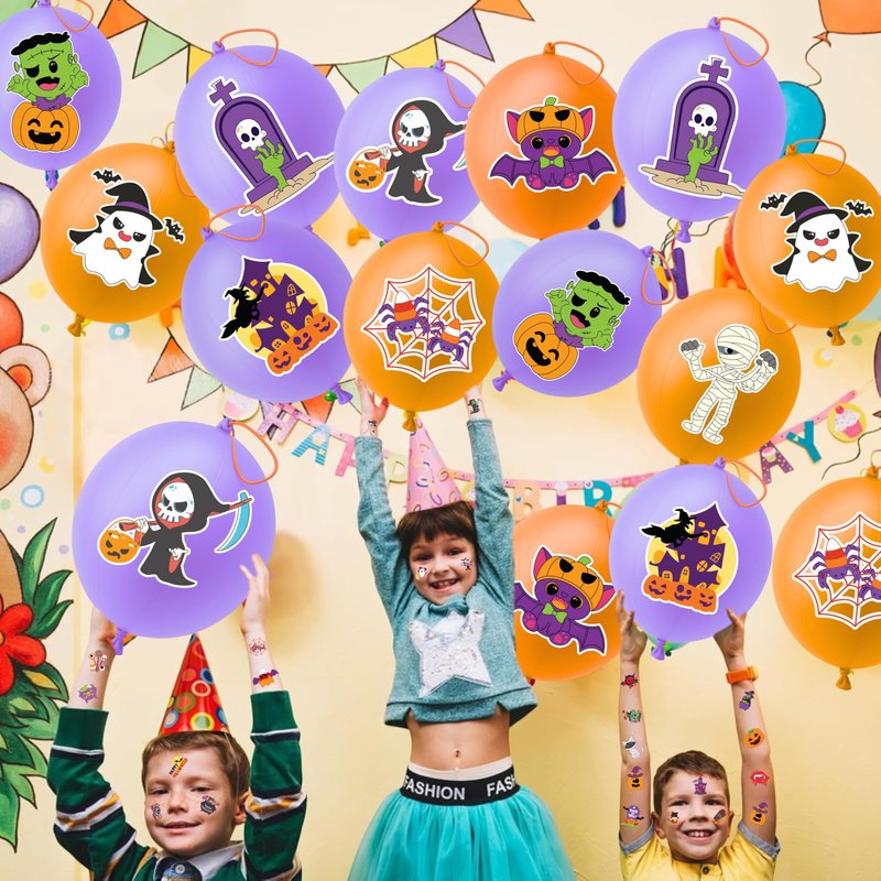 72 PCS Halloween Party Favors – 48 Pre-Cut Temporary Tattoos & 24 Halloween Punch Balloons Trick or Treat Themed Birthday Party Decorations Supplies Favors Gifts, Goodie Bag Fillers, Classroom Rewards